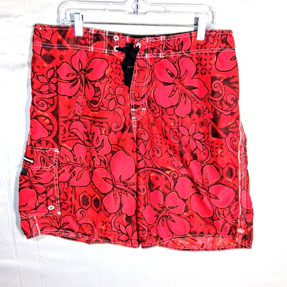 Quicksilver Men's Wild 36 Waist Red And Black Board/Beach Print Swim Trunks